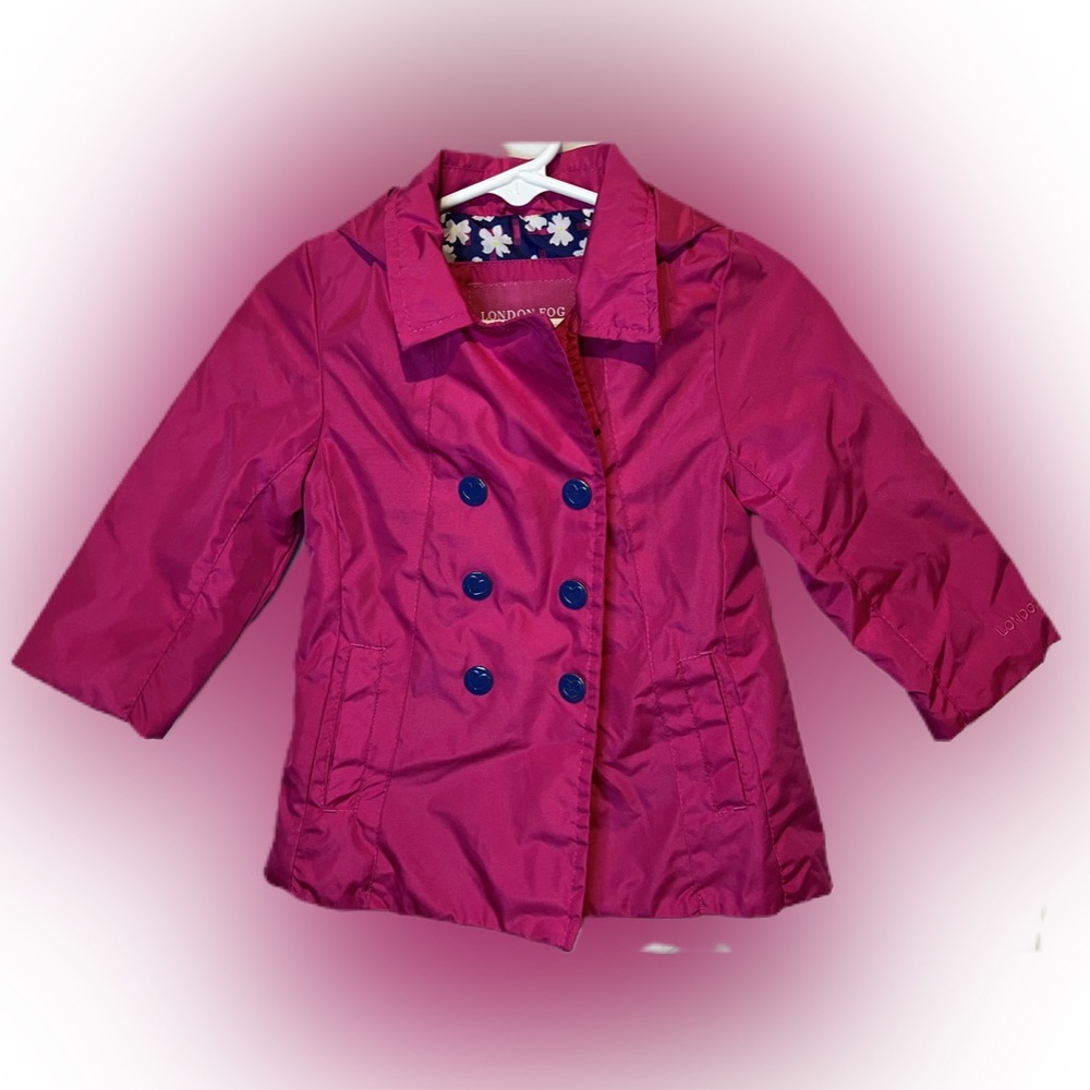 2/$16 12m EUC London Fog pink & navy peacoat style Jacket with hood & bow